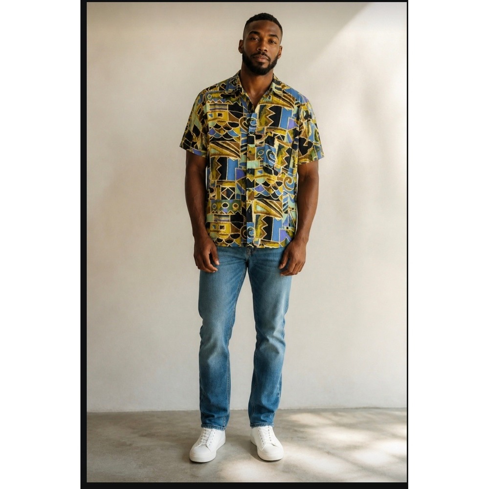 VTG City Streets Mens Large Abstract Geometric Rayon Short Sleeve Shirt Blue
